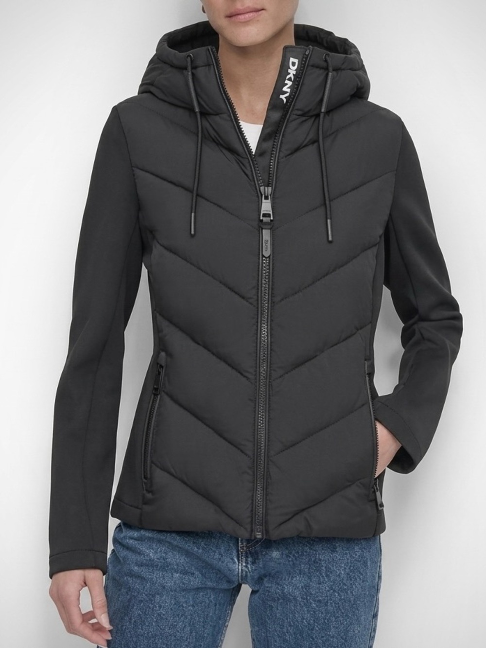 DKNY Black Chevron Quilted Puffer Jacket Hooded Softshell Hybrid Medium
